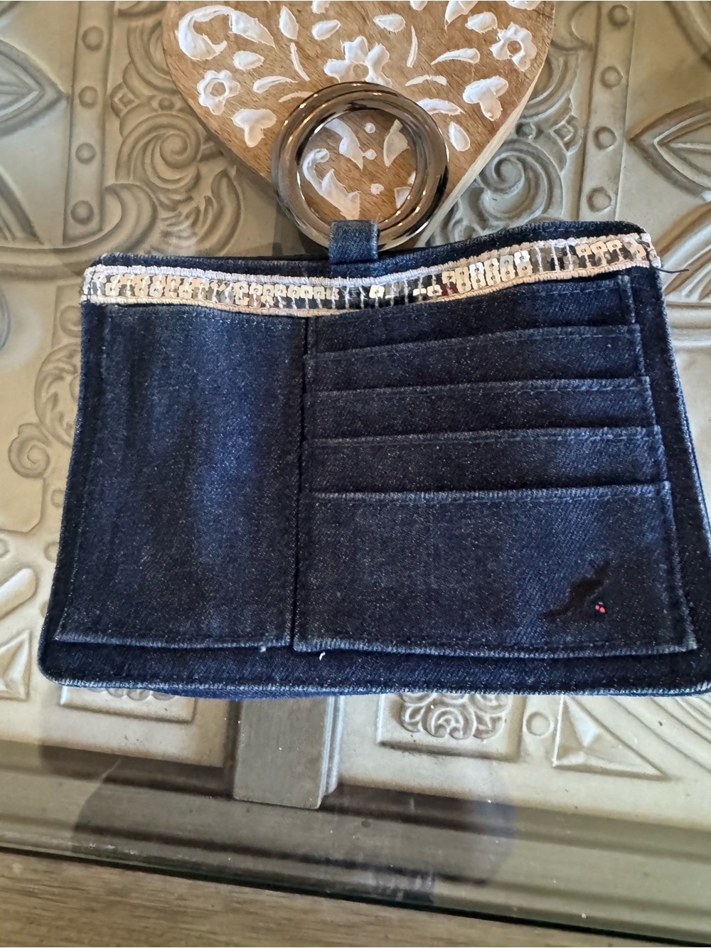 Denim Card Wallet with Sequin Trim - Blue